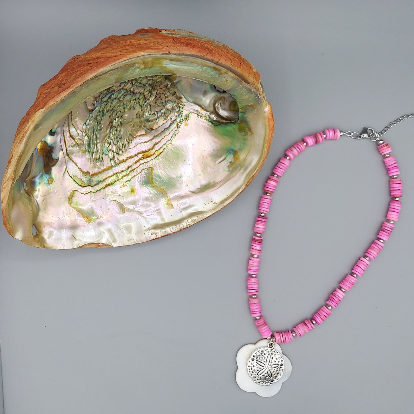 Pink Shell Necklace w/Mother-Of-Pearl Flower Pendant/Sand Dollar