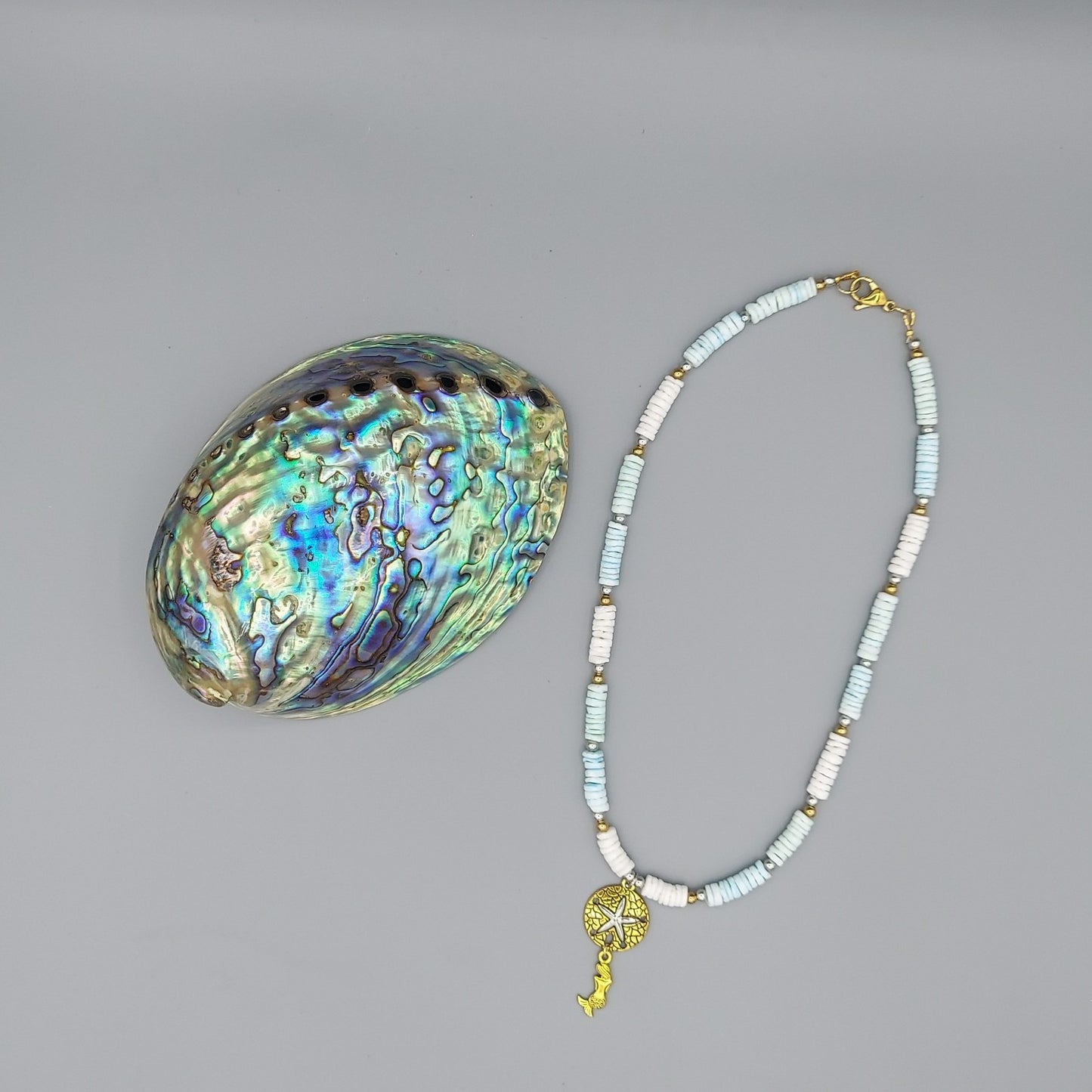 Blue/White Shell Necklace w/Sand Dollar And Mermaid