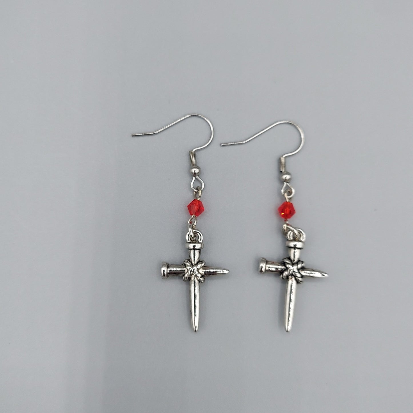 Silver Cross Earrings/Red Crystals
