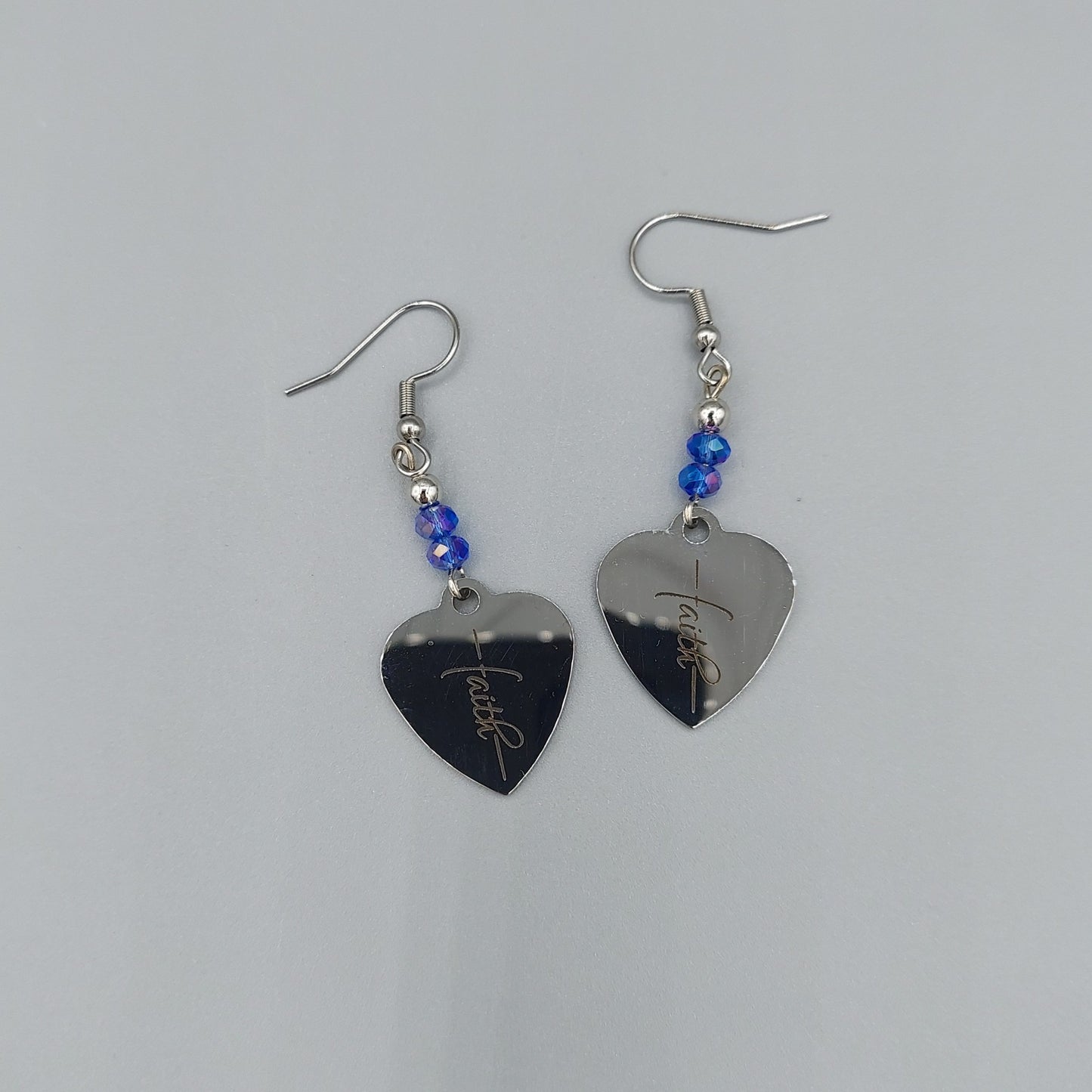 Silver Heart "Faith" Earrings/Blue Crystals