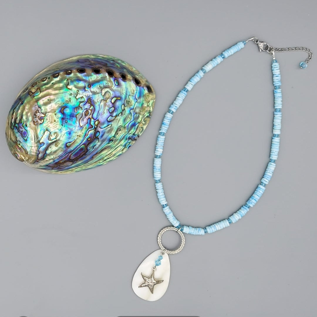 Aqua Shell Necklace w/MOP Teardrop & Starfish Pendant