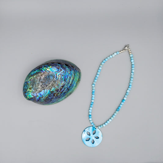 Aqua Shell Necklace w/ Mother-Of-Pearl Cut-Out Flower Pendant