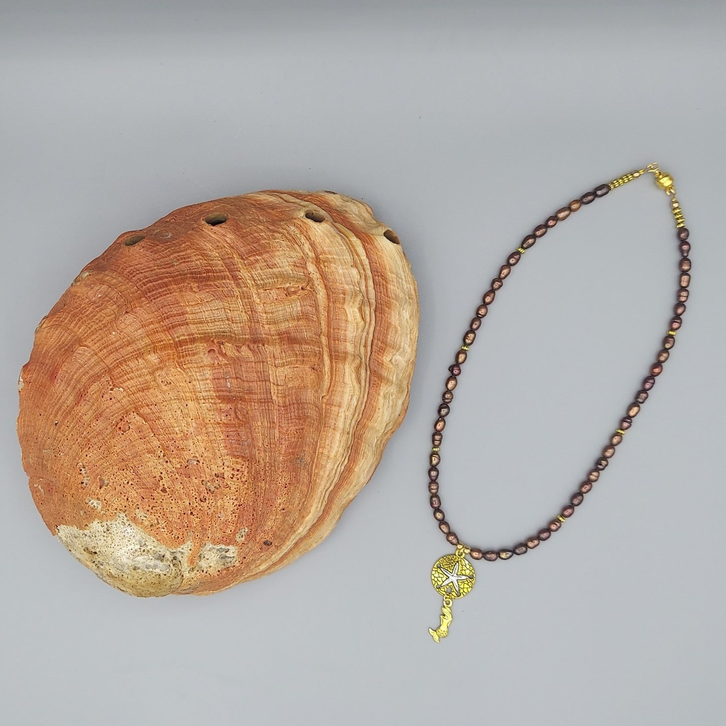 Brown Pearl Necklace w/Sand Dollar and Mermaid Charms