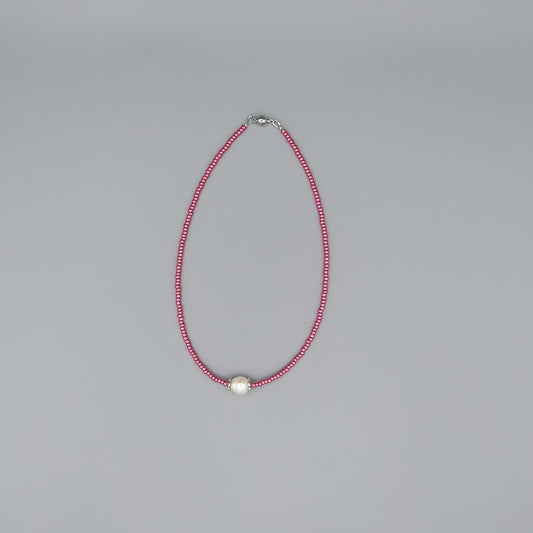 Single Pearl Choker w/Pink Glass Beads