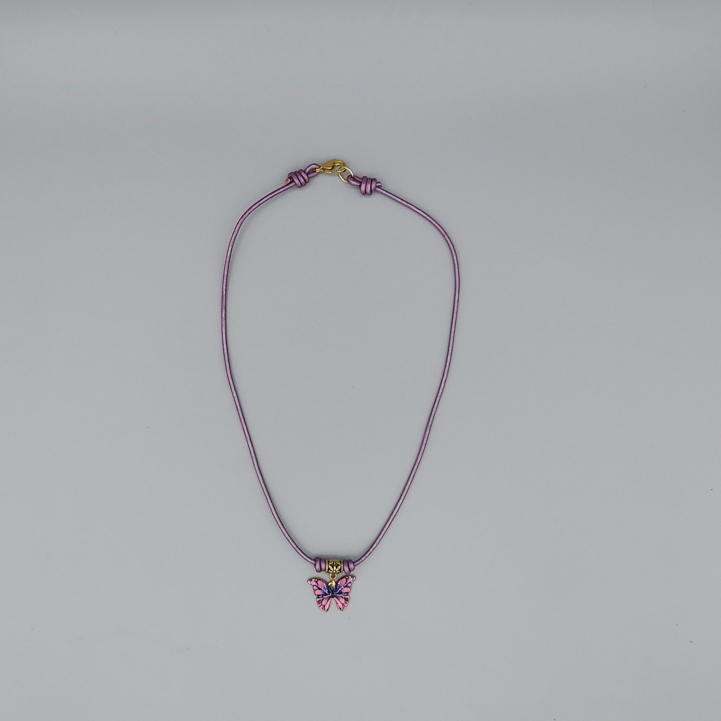 Pink/Purple Butterfly Necklace on Leather Cord