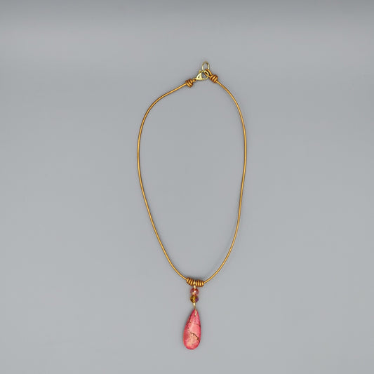 Ruby Impression Jasper Teardrop on Gold Leather