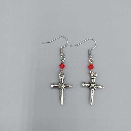 Silver Cross Earrings/Red Crystals