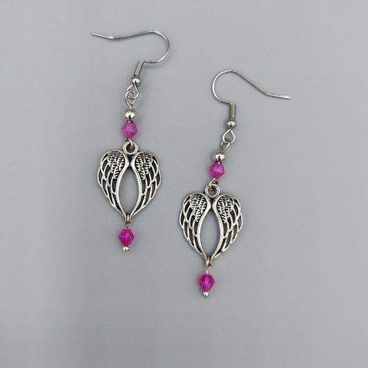 Silver Winged Earrings/Fuchsia Crystals