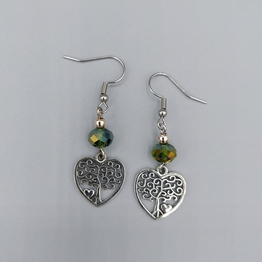 Tree of Life Heart Earrings/Green Crystals