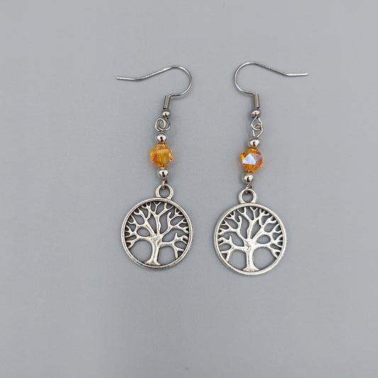 Round Tree of Life Earrings/Orange Crystals