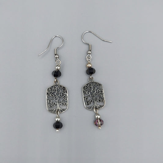 Oval Tree of Life Earrings/Black Vitrail Crystals