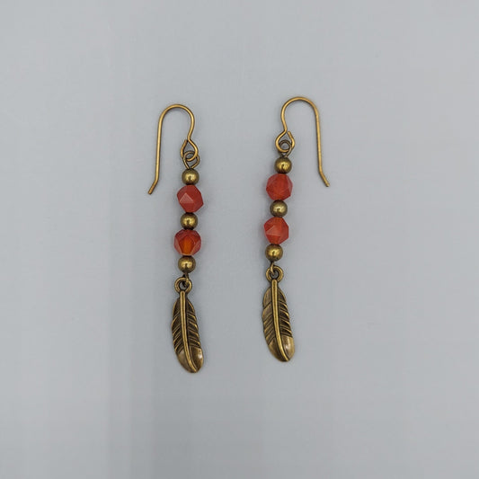 Antique Brass Feather Earrings/Carnelian Stones
