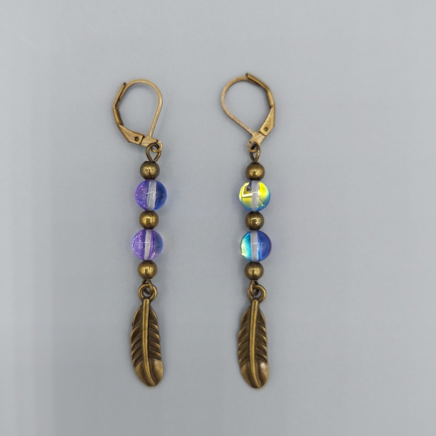 Antique Brass Feather Earrings/Purple