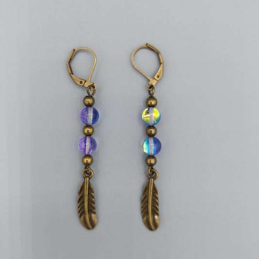 Antique Brass Feather Earrings/Purple