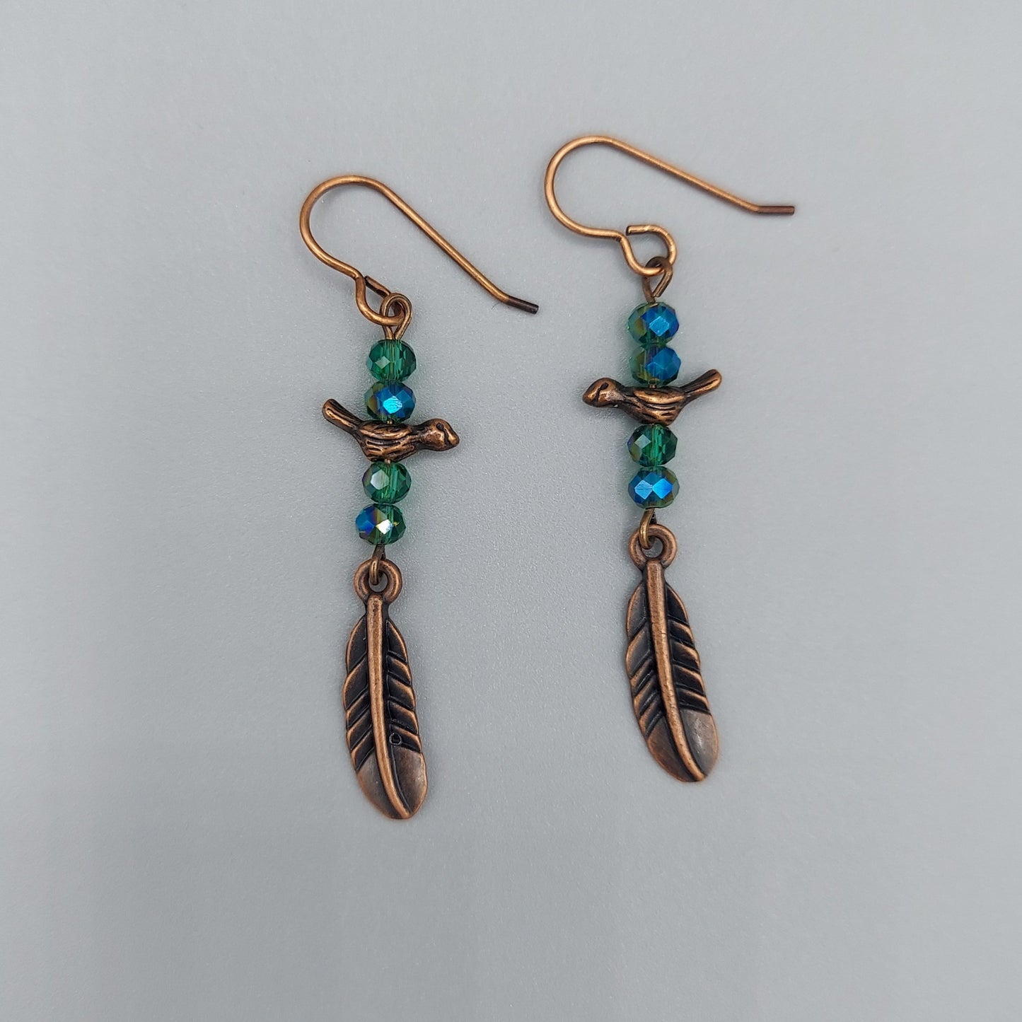 Antique Copper Feather Earrings/Copper Birds/Green Crystals.