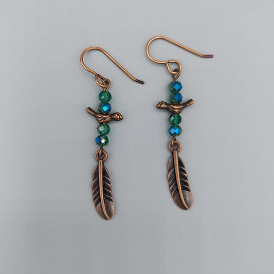 Antique Copper Feather Earrings/Copper Birds/Green Crystals.