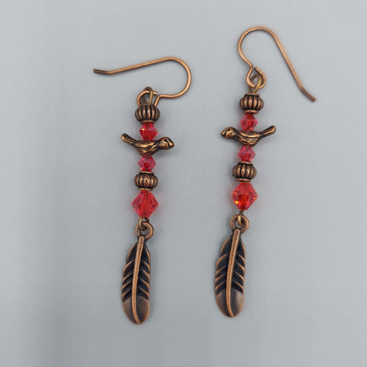 Antique Copper Feather Earrings/Red Crystals/Birds