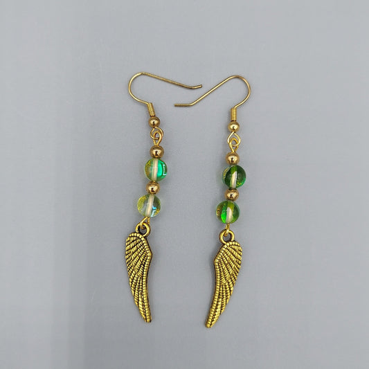 Antique Gold Feather Earrings/Mermaid Beads